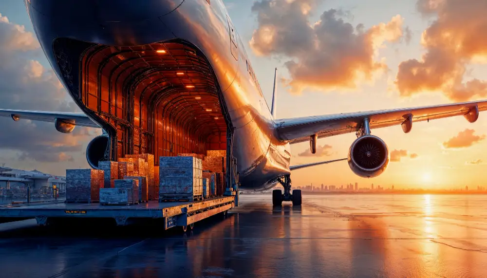 Aircraft loading freight for international air delivery